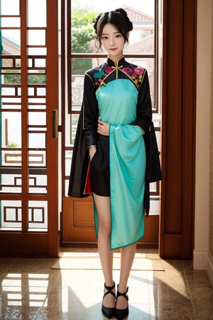 4k,best quality,masterpiece,20yo 1girl,(traditional chinese costume, alluring smile, head ornaments 

(Beautiful and detailed eyes),
Detailed face, detailed eyes, double eyelids ,thin face, real hands, muscular fit body, semi visible abs, ((short hair with long locks:1.2)), black hair, light background,


real person, color splash style photo,
