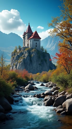 Captured at eye-level on a vibrant day, a majestic castle stands atop a mountain, adorned with a red roof. The castle is situated on a rocky cliff, adding a touch of nature to the scene. To the right of the castle, a stream of water is flowing, creating a peaceful and serene landscape. The sky is a deep blue, dotted with a few white fluffy clouds, adding depth to the composition.