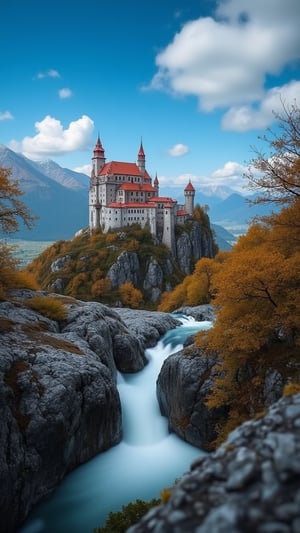 Captured at eye-level on a vibrant day, a majestic castle stands atop a mountain, adorned with a red roof. The castle is situated on a rocky cliff, adding a touch of nature to the scene. To the right of the castle, a stream of water is flowing, creating a peaceful and serene landscape. The sky is a deep blue, dotted with a few white fluffy clouds, adding depth to the composition.