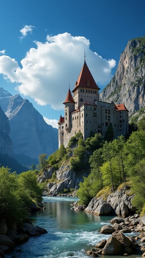 Captured at eye-level on a vibrant day, a majestic castle stands atop a mountain, adorned with a red roof. The castle is situated on a rocky cliff, adding a touch of nature to the scene. To the right of the castle, a stream of water is flowing, creating a peaceful and serene landscape. The sky is a deep blue, dotted with a few white fluffy clouds, adding depth to the composition.