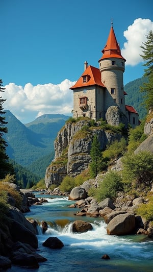 Captured at eye-level on a vibrant day, a majestic castle stands atop a mountain, adorned with a red roof. The castle is situated on a rocky cliff, adding a touch of nature to the scene. To the right of the castle, a stream of water is flowing, creating a peaceful and serene landscape. The sky is a deep blue, dotted with a few white fluffy clouds, adding depth to the composition.