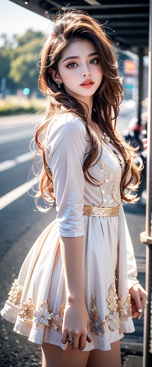 lovely  cute  young  attractive  indian  teenage  girl  in  a  pretty foreign sexy dress,  23  years  old  ,  cute  ,  an  Instagram  model  ,  long  blonde_hair  ,  winter  ,  on the road  .  ,  „  Indian, 16k quality 