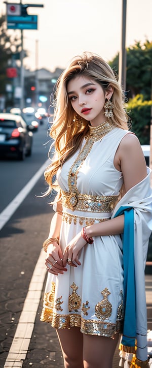 lovely  cute  young  attractive  indian  teenage  girl  in  a  pretty foreign dress,  23  years  old  ,  cute  ,  an  Instagram  model  ,  long  blonde_hair  ,  winter  ,  on the road  .  ,  „  Indian, 16k quality 