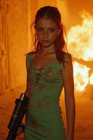 cinematic scene, A young girl (Michelle Trachtenberg) in a dirty light green dress, holding a big modern shotgun weapon against a backdrop of dramatic orange flames and explosions.