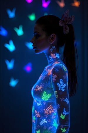 An enchanting dark fantasy scene captures a semi-transparent woman (Michelle Trachtenberg) very perfect mind formed woman body,ponytail hair and a bow on the side of the head with her silhouette illuminated by a radiant blue hue, accentuating her graceful form. Surrounded by a mesmerizing array of glow-in-the-dark butterflies in vibrant neon colors like electric green, pulsating pink, and luminous orange, she seems to be the center of a surreal spectacle of radiant beauty the silhouette has a reflection as if it were made of glass and shines as if it had varnish. The butterflies, varying in size, fill the silhouette completely, creating a breathtaking visual experience. The clean darkness of the background serves as a perfect contrast, evoking a sense of enchantment, wonder, and mystique. This conceptual artwork masterfully combines elements of wildlife photography, cinematic aesthetics, and fashion illustration to create a dreamlike realm where magic and mystery intertwine. wildlife photography, fashion, conceptual art, ukiyo-e, 3d render, cinematic, photo, dark fantasy, illustration, vibrant, portrait photograph