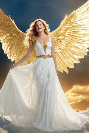 A heavenly vision unfolds as Drew Barrymore, radiating ethereal beauty, stands amidst fluffy white clouds. Her long, luscious golden locks cascade down her back like a river of sunshine, while her elegant hair is styled in loose waves framing her angelic face. In one hand, she holds a blazing sword that casts a warm glow on the surrounding misty veil, its fiery tip reaching towards the heavens. Spread wide, her majestic wings, gilded with an otherworldly shine, seem to be made of pure gold as they stretch out from her shoulders like a divine aura.