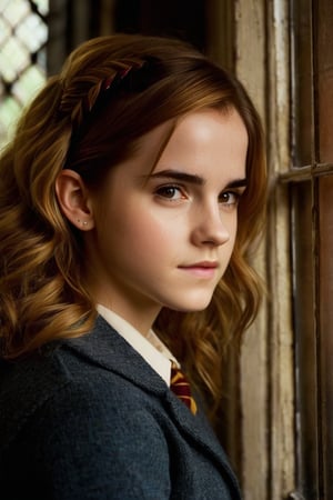 A color photograph of a young woman (Emma Watson, at the age of 14) posing by a window in Hogwarts. Blonde hair softly frames her thoughtful face as she gazes out at a unseen scene, one hand resting gently on the window sill. Outside, dusk is falling and streetlights flick on one by one, casting the world in an warm amber glow. An air of quiet reflection and stillness pervades the cozy room, as if capturing a private moment between the end of one day and the beginning of the next.