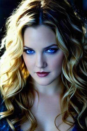 A very dualistic picture, good vs evil, dark vs light, 1girl, Drew Barrymore, blue eyes, dramatic lighting