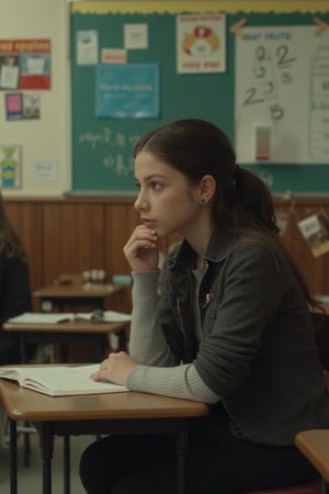 cinematic scene, A young girl (Michelle Trachtenberg) sitting in classroom, dreaming look, head on hands, ignoring the wold around her