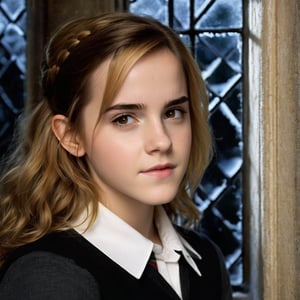 A color photograph of a young woman (Emma Watson, at the age of 14) in a white shirt and black skirt posing by a window in Hogwarts. Blonde hair softly frames her thoughtful face as she gazes out at a unseen scene, one hand resting gently on the window sill. Outside, snow is falling and streetlights flick on one by one, casting the world in an warm amber glow. An air of quiet reflection and stillness pervades the cozy room, as if capturing a private moment between the end of one day and the beginning of the next.