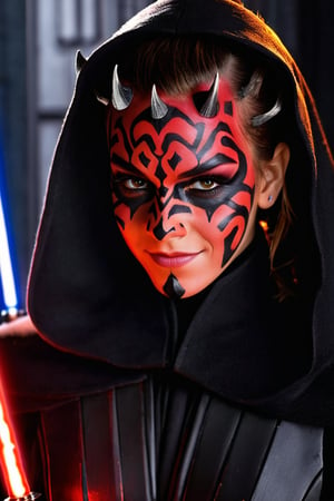 smiling Darth Maul (Sith Lord) cosplay, 1girl, Emma Watson (14 years old), dressed, styled and made up as smiling Darth Maul (Sith Lord)
BREAK
cinematic lights, professional full facial cosplay make-up, detailed eyes, detailed face, detailed hands
BREAK
Background: Inside death star of Star Wars, intricate details