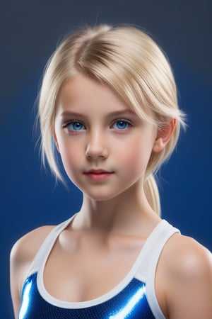 Craft a hyper realistic vertical upper body photo of a girl, 10-year-old, blonde hair, blue eyes, perfectly detailed eyes, make-up, intricate beauty, short hairstyle, white red blue or black fitting leggings and sports bra, sparkling, reflections, (translucent), athletic, simple background, dim light, volumetric lighting, hyper realistic, blurry foreground, blurry background, (bloodborne:1.1),