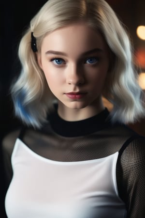 Create a hyper-realistic full-body photo of Enid Sinclair (Emma Myers at the age of 16), blonde hair, blue eyes, wearing a white skirt, black top, black (see-through) pantyhose,
cinematic dim lights, detailed eyes, detailed face, blurry background