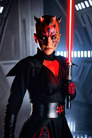 Darth Maul (Sith Lord) cosplay, Emma Watson (14 years old), dressed, styled and made up as grinning Darth Maul (Sith Lord)
BREAK
cinematic lights, professional full facial cosplay make-up, detailed eyes, detailed face, detailed hands
BREAK
Background: Inside death star of Star Wars, intricate details