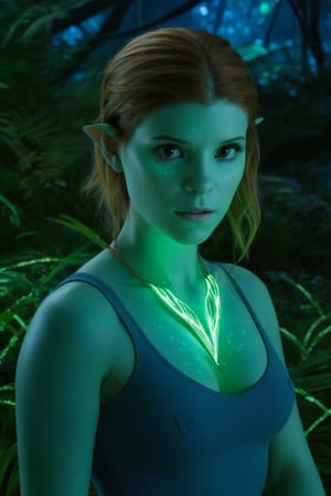 Create a hyper realistic photo of young Kate Mara as Navi Avatar BREAK cinematic lights, detailed eyes, detailed face, detailed hands BREAK Glowing Plants, glowing leaves of trees, at night, green grass, different plants bushes and trees in the background, avatar style