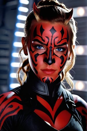 Darth Maul (Sith Lord) cosplay, Emma Watson (14 years old) with blue eyes, dressed, styled and made up as grinning Darth Maul (Sith Lord), tight fitting nanofiber clothes instead of the original ones.
BREAK
cinematic lights, professional full facial cosplay make-up, detailed eyes, detailed face, detailed hands
BREAK
Background: Inside death star of Star Wars, intricate details