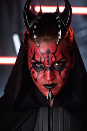 Darth Maul (Sith Lord) cosplay, Emma Watson (14 years old), dressed, styled and made up as grinning Darth Maul (Sith Lord)
BREAK
cinematic lights, professional full facial cosplay make-up, detailed eyes, detailed face, detailed hands
BREAK
Background: Inside death star of Star Wars, intricate details