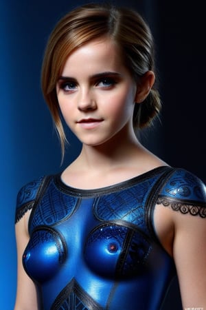 Craft a hyper realistic vertical full body photo of the most attractive stunning young girl (Naked Emma Watson at the age of 16), intricate red, blue and black body, perfectly detailed eyes, make-up, intricate beauty, sparkling, reflections, (translucent), sporty, simple background, dim light, volumetric lighting, hyper realistic, blurry foreground, blurry background, (bloodborne:1.1), uniformsbodypaint