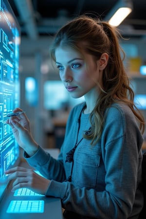 Hyper realistic Photography: A charming, tech-savvy [Michelle Trachtenberg, ponytail] hair and vibrant [blue] eyes, wearing a casual yet futuristic outfit. She's focused on a holographic interface while working in a sleek, high-tech workshop