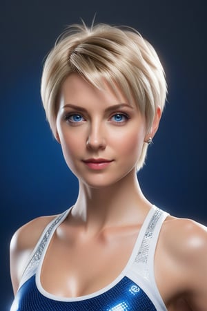 Craft a hyper realistic vertical upper body photo of a girl, 40-year-old, blonde hair, blue eyes, perfectly detailed eyes, make-up, intricate beauty, short hairstyle, white red blue or black fitting leggings and sports bra, sparkling, reflections, (translucent), athletic, simple background, dim light, volumetric lighting, hyper realistic, blurry foreground, blurry background, (bloodborne:1.1),