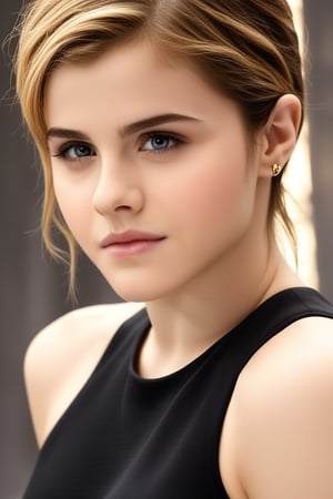 A young girl with the charming features of Emma Watson at 14, poses elegantly in a soft-focused studio setting. Her piercing gaze, reminiscent of Alexandra Daddario's, captures the viewer's attention. The delicate curves and athletic build of Chloë Grace Moretz's physique are showcased against a warm, golden background, as she strikes a confident pose with one hand resting on her hip.