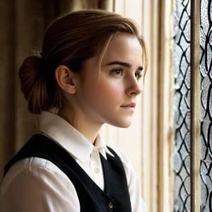 A color photograph of a young woman (Emma Watson, at the age of 14) in a white shirt and black skirt posing by a window in Hogwarts. Blonde hair softly frames her thoughtful face as she gazes out at a unseen scene, one hand resting gently on the window sill. Outside, snow is falling and streetlights flick on one by one, casting the world in an warm amber glow. An air of quiet reflection and stillness pervades the cozy room, as if capturing a private moment between the end of one day and the beginning of the next.