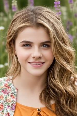 A beautiful young girl with the face of 14-year-old Emma Watson, possessing the piercing eyes of Alexandra Daddario and the physique of Chloe Grace Moretz. The camera captures her radiant smile, framed by a soft focus lens, as she stands confidently in a sun-drenched meadow, wildflowers swaying gently in the breeze. Her long, curly hair cascades down her back like a golden waterfall, as she gazes directly at the viewer with a mischievous glint in her eye, inviting us to step into her whimsical world.