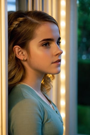 A color photograph of a young woman (Emma Watson, at the age of 14) posing by a window. Blonde hair softly frames her thoughtful face as she gazes out at a unseen scene, one hand resting gently on the window sill. Outside, dusk is falling and streetlights flick on one by one, casting the world in an warm amber glow. An air of quiet reflection and stillness pervades the cozy room, as if capturing a private moment between the end of one day and the beginning of the next.