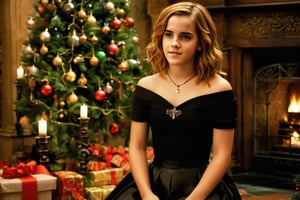 A color photograph of a young woman (Emma Watson, at the age of14, black skirt) posing by a beautiful multicolored Christmas tree at Hogwarts. Blonde hair softly frames her happy face as she looks up at the beautiful Christmas tree, one hand resting gently on her legs. Floating candles under the ceiling bathe the room in a warm amber glow with dim lighting. An atmosphere of quiet contemplation and calm permeates the cozy room, as if a private moment between the young woman and the Christmas tree is being captured.