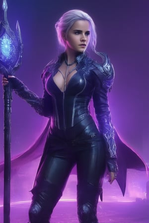 beautiful dark-skinned cyberpunk female (Emma Watson (at the age of 14) with blue eyes), A low-angle shot frames the imposing necromancer, where flashes of purple, yellow, and neon pink pulse with otherworldly energy. Her snow-white hair creased by wrinkles contrasts with gleaming golden jewelry featuring intricate carvings. The powerful woman's majestic form is defined by an intricate nanofiber suit (sexy cyberpunk style). A tattered cape cling to her physique as she holds a long staff writhing with dark energy, LegendDarkFantasy