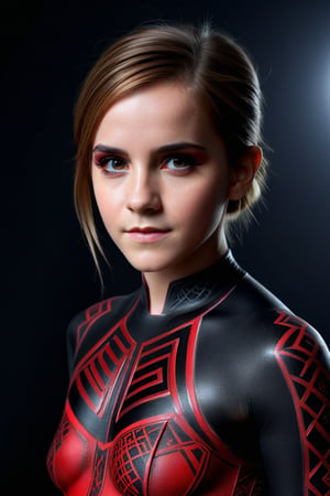 Craft a hyper realistic vertical full body photo of the most attractive stunning young girl (Emma Watson at the age of 16), intricate black and red detailed uniformsbodypaint, perfectly detailed eyes, make-up, intricate beauty, sparkling, reflections, (translucent), sporty, simple background, dim light, volumetric lighting, hyper realistic, blurry foreground, blurry background, (bloodborne:1.1),