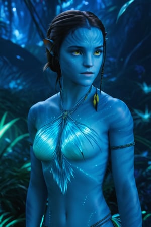 Create a hyper realistic full body photo of a beautiful young female Na'vi (young Emma Watson (avatar style))
BREAK
cinematic lights, detailed eyes, detailed face, detailed hands
BREAK
Background concept for the movie “Avatar”, bioluminescent forest, alien planet, beautiful landscape, alien plants, at night