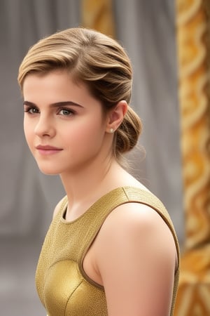 A young girl with the charming features of Emma Watson at 14, poses elegantly in a soft-focused studio setting. Her piercing gaze, reminiscent of Alexandra Daddario's, captures the viewer's attention. The delicate curves and athletic build of Chloë Grace Moretz's physique are showcased against a warm, golden background, as she strikes a confident pose with one hand resting on her hip.