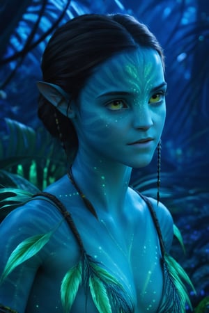 Create a hyper realistic full body photo of a beautiful young female Na'vi (young Emma Watson (avatar style))
BREAK
cinematic lights, detailed eyes, detailed face, detailed hands
BREAK
Background concept for the movie “Avatar”, bioluminescent forest, alien planet, beautiful landscape, alien plants, at night