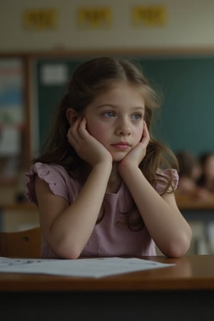 cinematic scene, A young girl (Michelle Trachtenberg) sitting in classroom, dreaming look, head on hands, ignoring the wold around her