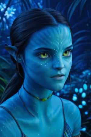 Create a hyper realistic photo of a beautiful young female Na'vi (young Emma Watson (avatar style))
BREAK
cinematic lights, detailed eyes, detailed face, detailed hands
BREAK
Background concept for the movie “Avatar”, bioluminescent forest, alien planet, beautiful landscape, alien plants, at night