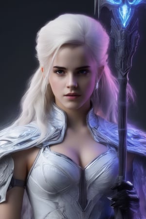 beautiful dark-skinned cyberpunk female (Emma Watson (at the age of 14) with blue eyes), A low-angle shot frames the imposing necromancer, where flashes of purple, yellow, and neon pink pulse with otherworldly energy. Her snow-white hair creased by wrinkles contrasts with gleaming golden jewelry featuring intricate carvings. The powerful woman's majestic form is defined by an intricate nanofiber suit (sexy cyberpunk style). A tattered cape cling to her physique as she holds a long staff writhing with dark energy, LegendDarkFantasy