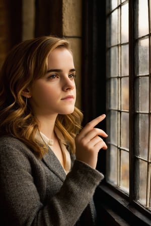 A color photograph of a young woman (Emma Watson, at the age of 14) posing by a window in Hogwarts. Blonde hair softly frames her thoughtful face as she gazes out at a unseen scene, one hand resting gently on the window sill. Outside, dusk is falling and streetlights flick on one by one, casting the world in an warm amber glow. An air of quiet reflection and stillness pervades the cozy room, as if capturing a private moment between the end of one day and the beginning of the next.