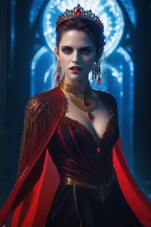 ((Hip shot)), create a hyperrealistic vertical photo of the most attractive girl as vampire queen made of transparent crystal glass with neon light (Kristen Stewart), beautiful red eyes, long bloody vampire fangs, mystic black dress, red cape, detailed golden ornaments, intricate ornaments, glowing seams, body made of glass, intricate beauty, bioluminescence, blue veins, highly detailed eyes, sparkling, reflections, (translucent), elegant, simple background, dim light, volumetric lighting, hyperrealistic, blurred foreground, blurred background, (bloodborne:1.1), posing for the camera,