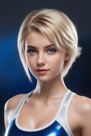 Craft a hyper realistic vertical upper body photo of a girl, 20-year-old, blonde hair, blue eyes, perfectly detailed eyes, make-up, intricate beauty, short hairstyle, white red blue or black fitting leggings and sports bra, sparkling, reflections, (translucent), athletic, simple background, dim light, volumetric lighting, hyper realistic, blurry foreground, blurry background, (bloodborne:1.1),