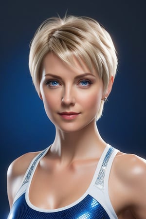 Craft a hyper realistic vertical upper body photo of a girl, 45-year-old, blonde hair, blue eyes, perfectly detailed eyes, make-up, intricate beauty, short hairstyle, white red blue or black fitting leggings and sports bra, sparkling, reflections, (translucent), athletic, simple background, dim light, volumetric lighting, hyper realistic, blurry foreground, blurry background, (bloodborne:1.1),