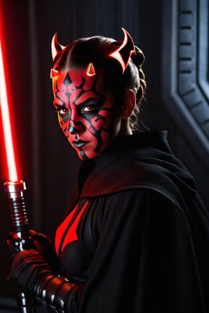 Darth Maul (Sith Lord) cosplay, 1girl, Emma Watson (14 years old), dressed, styled and made up as Darth Maul (Sith Lord)
BREAK
cinematic lights, professional full facial cosplay make-up, detailed eyes, detailed face, detailed hands
BREAK
Background: Inside death star of Star Wars, intricate details