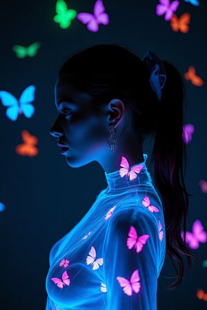 An enchanting dark fantasy scene captures a semi-transparent woman (Michelle Trachtenberg) very perfect mind formed woman body,ponytail hair and a bow on the side of the head with her silhouette illuminated by a radiant blue hue, accentuating her graceful form. Surrounded by a mesmerizing array of glow-in-the-dark butterflies in vibrant neon colors like electric green, pulsating pink, and luminous orange, she seems to be the center of a surreal spectacle of radiant beauty the silhouette has a reflection as if it were made of glass and shines as if it had varnish. The butterflies, varying in size, fill the silhouette completely, creating a breathtaking visual experience. The clean darkness of the background serves as a perfect contrast, evoking a sense of enchantment, wonder, and mystique. This conceptual artwork masterfully combines elements of wildlife photography, cinematic aesthetics, and fashion illustration to create a dreamlike realm where magic and mystery intertwine. wildlife photography, fashion, conceptual art, ukiyo-e, 3d render, cinematic, photo, dark fantasy, illustration, vibrant, portrait photograph