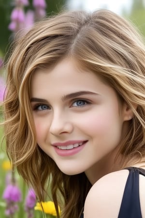 A beautiful young girl with the face of 14-year-old Emma Watson, possessing the piercing eyes of Alexandra Daddario and the physique of Chloe Grace Moretz. The camera captures her radiant smile, framed by a soft focus lens, as she stands confidently in a sun-drenched meadow, wildflowers swaying gently in the breeze. Her long, curly hair cascades down her back like a golden waterfall, as she gazes directly at the viewer with a mischievous glint in her eye, inviting us to step into her whimsical world.