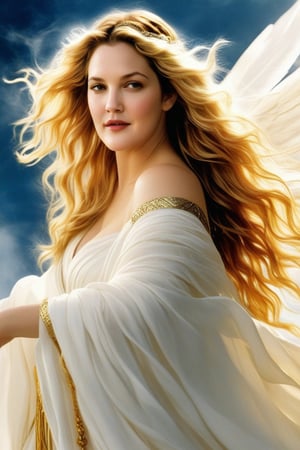 A heavenly vision unfolds as Drew Barrymore, radiating ethereal beauty, stands amidst fluffy white clouds. Her long, luscious golden locks cascade down her back like a river of sunshine, while her elegant hair is styled in loose waves framing her angelic face. In one hand, she holds a blazing sword that casts a warm glow on the surrounding misty veil, its fiery tip reaching towards the heavens. Spread wide, her majestic wings, gilded with an otherworldly shine, seem to be made of pure gold as they stretch out from her shoulders like a divine aura.