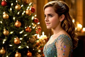 A color photograph of a young woman (Emma Watson, at the age of14, elegant dress) posing at a beautiful multicolored Christmas tree at Hogwarts. Blonde hair softly frames her happy face, highlighted by her jewels, as she looks up at the beautiful Christmas tree, one hand resting gently on her legs. Floating candles under the ceiling bathe the room in a warm amber glow with dim lighting. An atmosphere of quiet contemplation and calm permeates the cozy room, as if a private moment between the young woman and the Christmas tree is being captured.