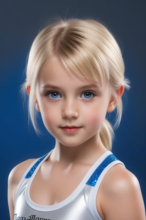 Craft a hyper realistic vertical upper body photo of a girl, 5-year-old, blonde hair, blue eyes, perfectly detailed eyes, make-up, intricate beauty, short hairstyle, white red blue or black fitting leggings and sports bra, sparkling, reflections, (translucent), athletic, simple background, dim light, volumetric lighting, hyper realistic, blurry foreground, blurry background, (bloodborne:1.1),