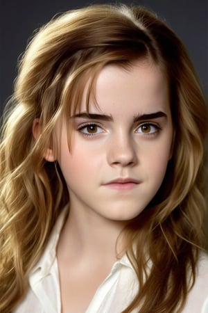 Craft a hyper realistic vertical full body photo of the most attractive stunning young Hermione Granger (Emma Watson at the age of 14), angry look, blurry background, dim light, volumetric lighting, hyper realistic, detailed face, perfectly detailed eyes, 