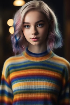 Create a hyper-realistic full-body photo of Enid Sinclair (Emma Myers at the age of 16), multicolored hair, vertical striped clothes,
cinematic dim lights, detailed eyes, detailed face, blurry background