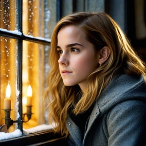 A color photograph of a young woman (Emma Watson, at the age of 14) posing by a window in Hogwarts. Blonde hair softly frames her thoughtful face as she gazes out at a unseen scene, one hand resting gently on the window sill. Outside, snow is falling and streetlights flick on one by one, casting the world in an warm amber glow. An air of quiet reflection and stillness pervades the cozy room, as if capturing a private moment between the end of one day and the beginning of the next.